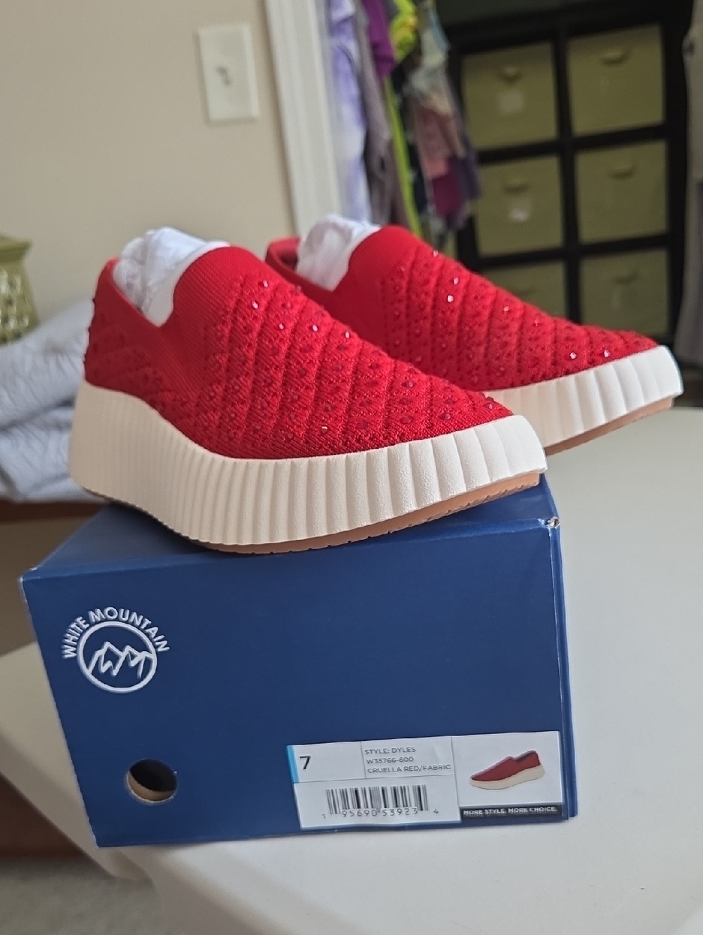 New White Mountain Red Knit Slip-On Sneakers with White Platform Sole
